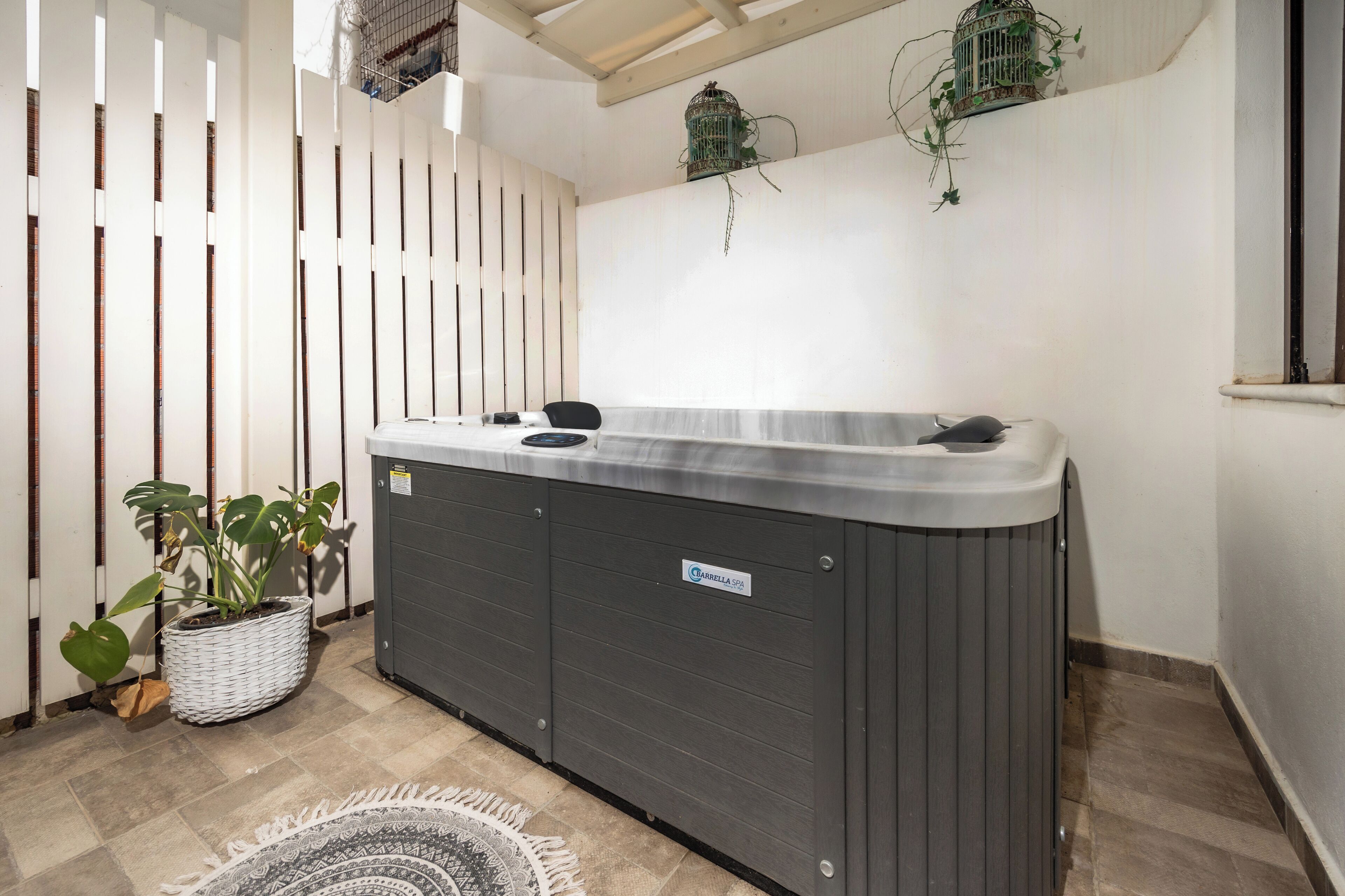 Un espace détente avec un jacuzzi, une plante en pot et une cage à oiseaux accrochée au mur.