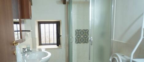 A compact bathroom with a shower, toilet, and washing machine.