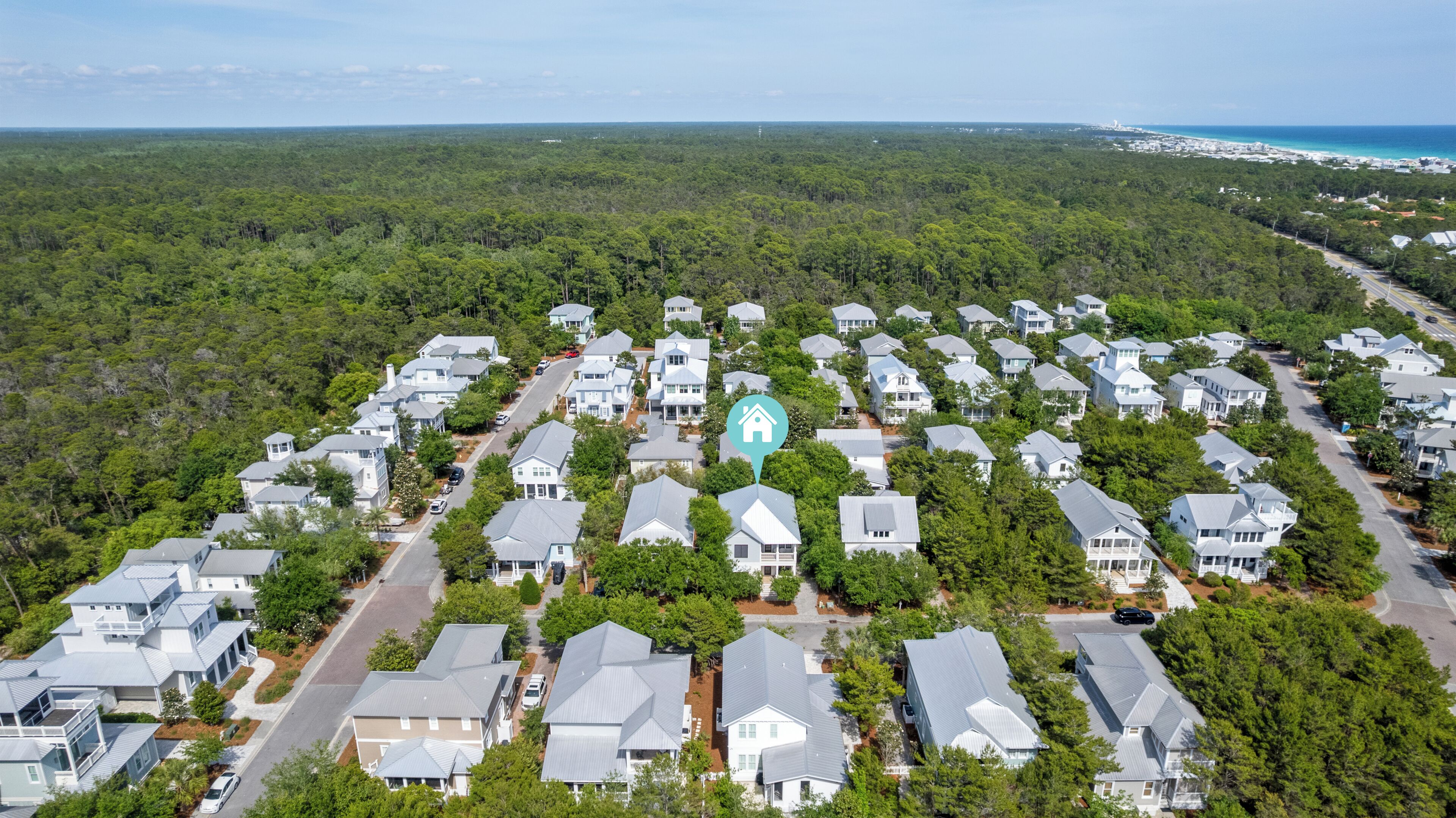 A residential area with houses, roads, and a dense forest in the background.