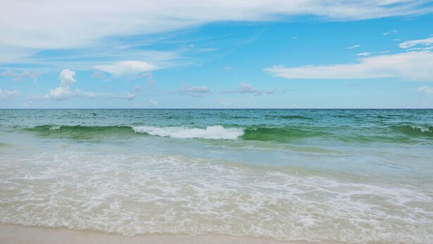 Une plage avec des vagues et un ciel dégagé.