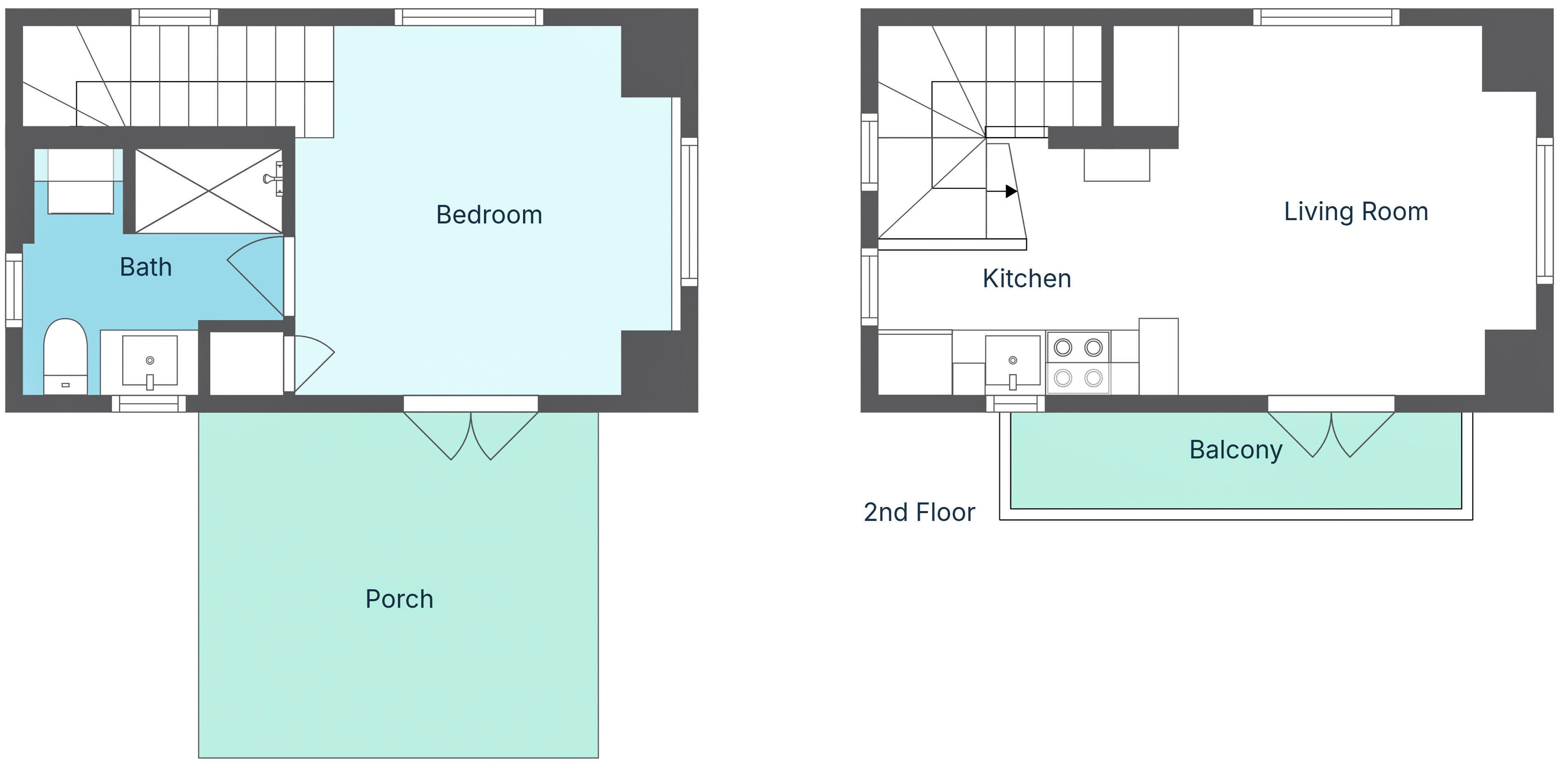 Plano de planta que muestra un dormitorio, baño, porche, sala de estar, cocina y balcón.
