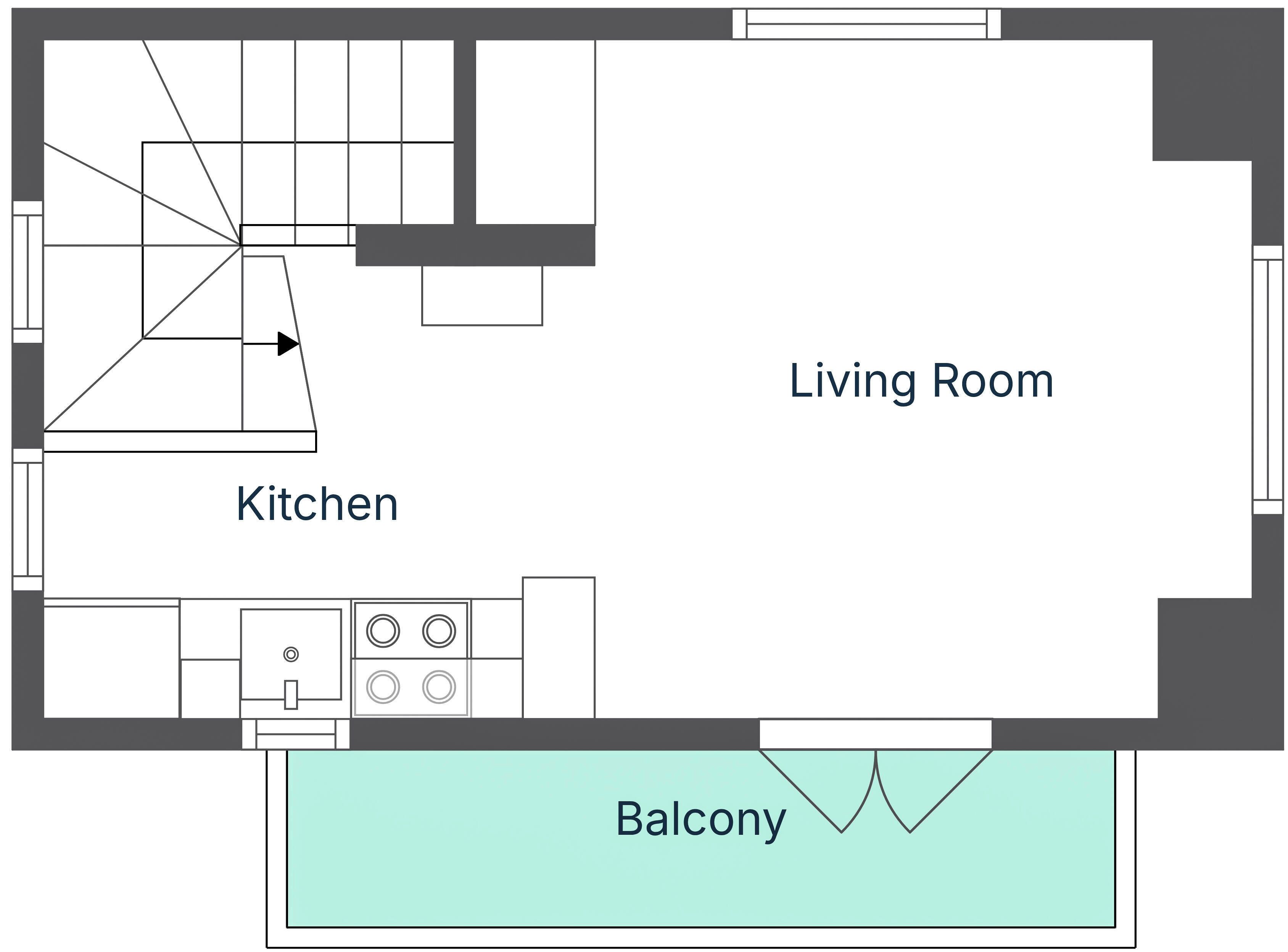 A floor plan with a living room, kitchen, and balcony.