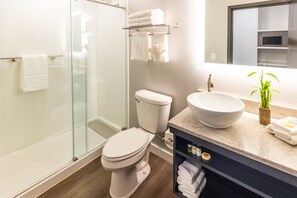 A modern bathroom with a glass shower enclosure, a toilet, a sink, and a mirror.