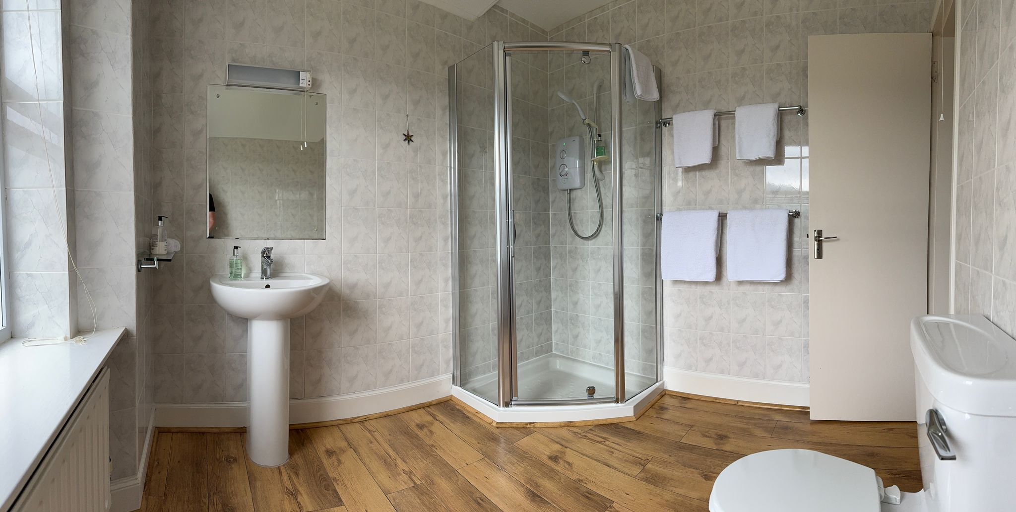 A modern bathroom with a glass-enclosed shower, a pedestal sink, and a toilet.