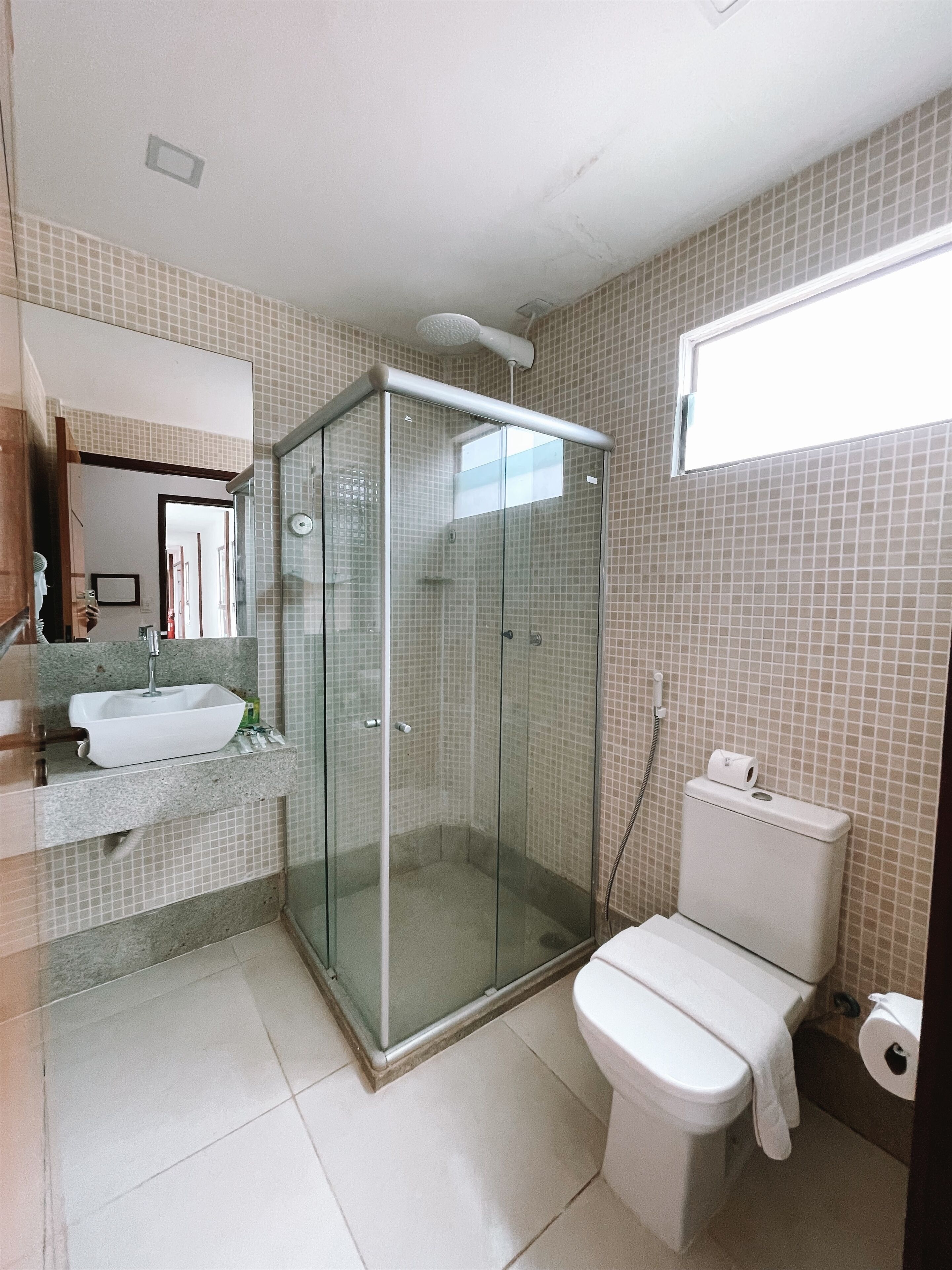 A bathroom with a glass-enclosed shower, a toilet, and a sink with a mirror above it.