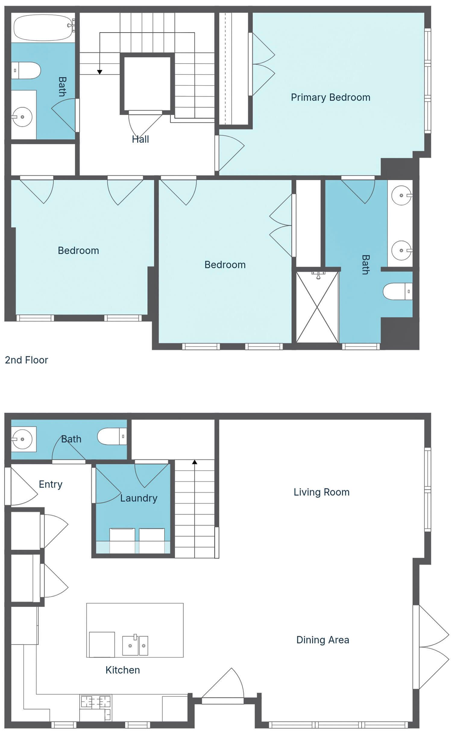 Distribución del segundo piso con una habitación principal, dos dormitorios, un baño, un vestíbulo, una entrada, un lavadero, una sala de estar, un comedor y una cocina.