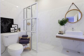 Ducha, secador de pelo, toallas, jabón
