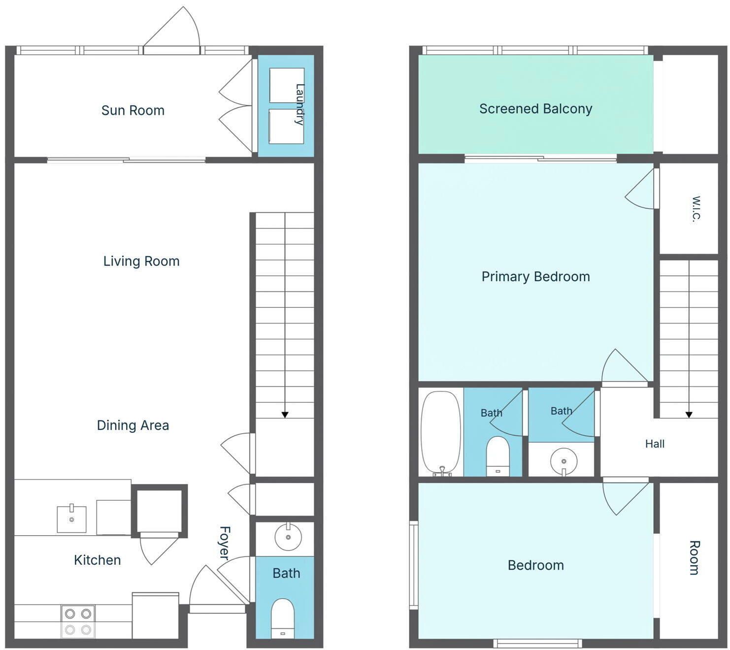 Ein Grundriss mit Wintergarten, Wohnzimmer, Essbereich, Küche und zwei Badezimmern.
