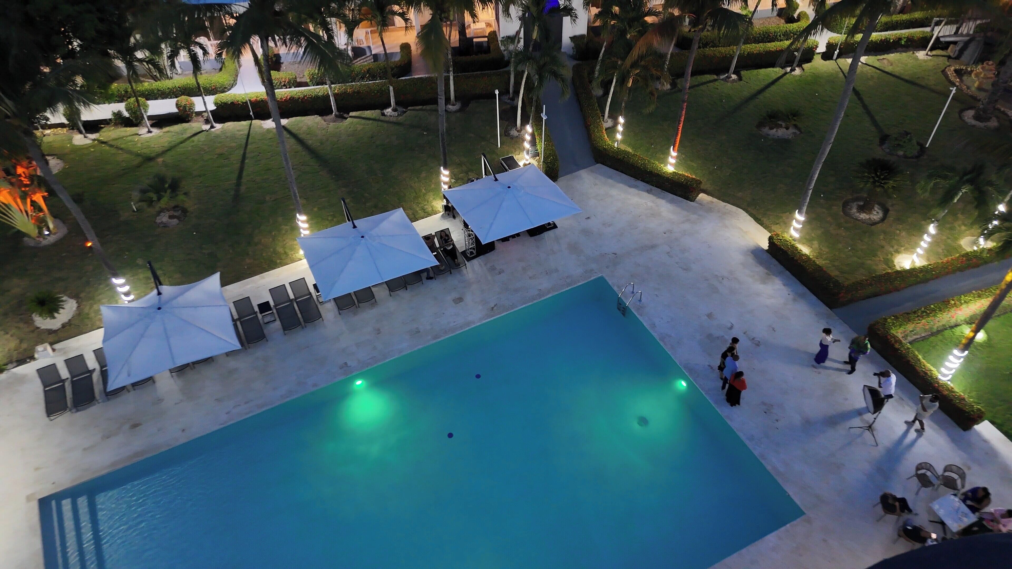 A swimming pool with lounge chairs and umbrellas, surrounded by well-manicured lawns and palm trees.