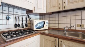 Kühlschrank, Mikrowelle, Herdplatte, Kochgeschirr/Geschirr/Besteck