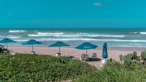 A beach with several blue umbrellas and lounge chairs, a cactus plant in the foreground, and the ocean in the background. - Cupe Beach Living Porto de Galinhas (Ipojuca)