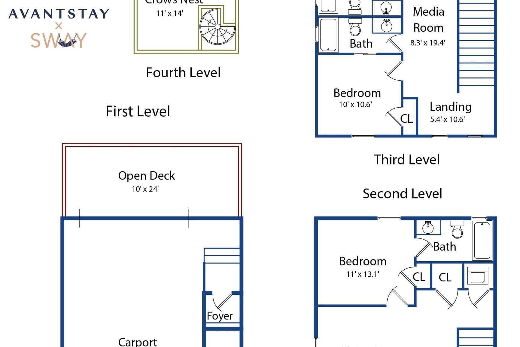 Ein Hotelgrundriss mit offener Terrasse, einem Zimmer in der vierten Etage, einer Empfangsebene im ersten Stock, einem Schlafzimmer im zweiten Stock und einem Badezimmer im dritten Stock.