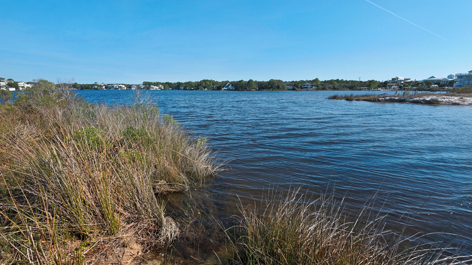 A waterfront view with a grassy shoreline and a distant residential area.