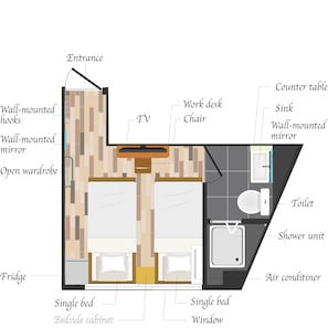 A compact studio apartment layout with a single bed, bedside cabinet, TV, open wardrobe, fridge, and an air conditioner. - My Home Inn Sennan Onosato (Sennan)