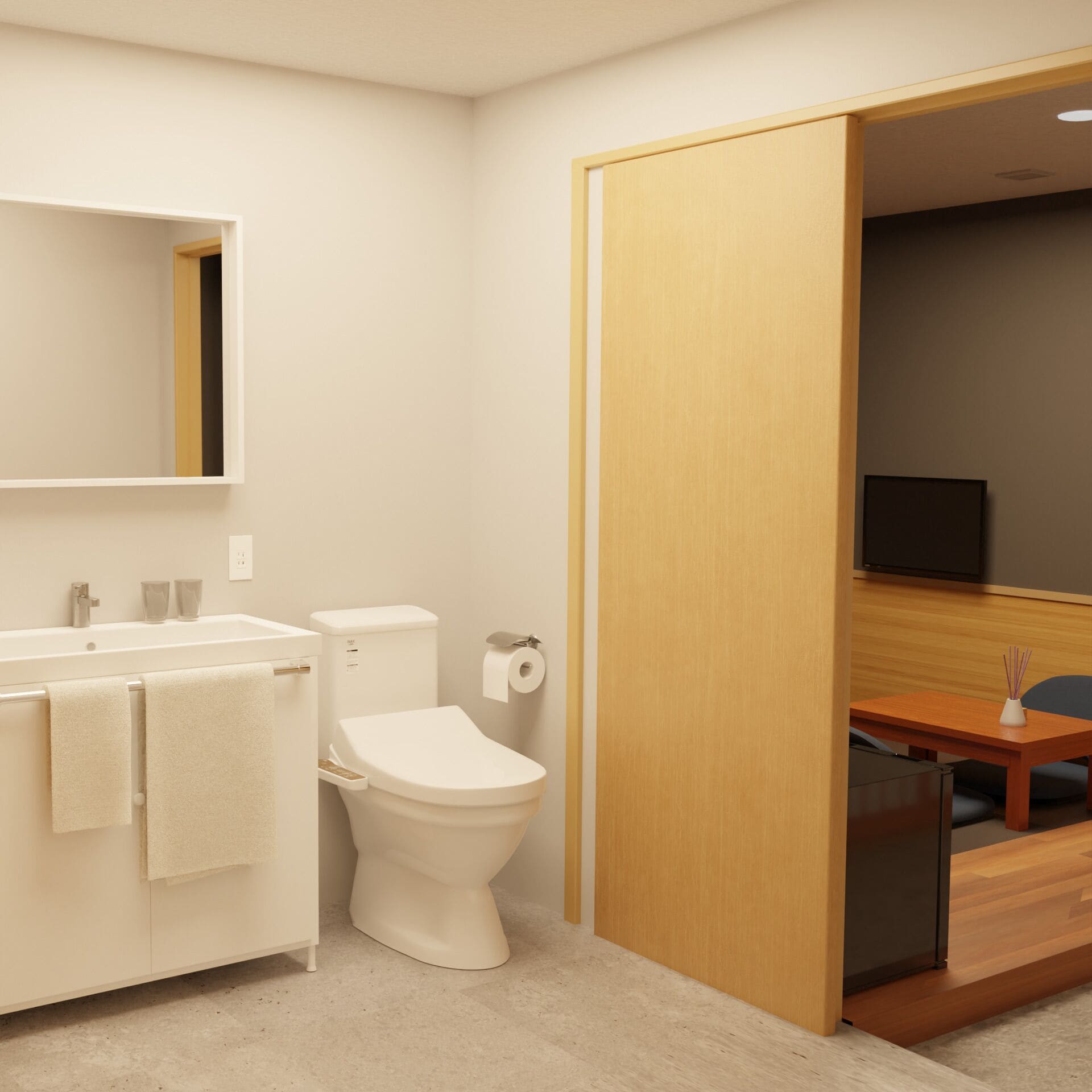 Deluxe-dobbeltværelse - japansk futon - ikke-ryger - udsigt til gårdsplads | Badeværelse | Miljøvenlige toiletartikler, hårtørrer, hjemmesko, bidet