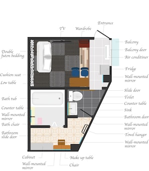 A hotel room layout with a TV, wardrobe, balcony, double futon bedding, cushion seat, low table, bath tub, counter table, wall-mounted mirror, bathroom chair, bathroom slide door, cabinet, make-up table, chair, and a TV. - My Home Inn Sennan Onosato (Sennan)