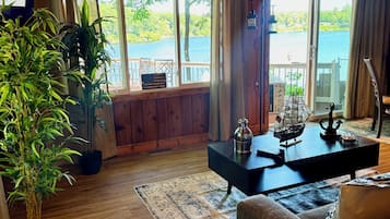 Smart TV, fireplace, books, stereo