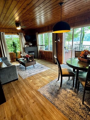 TV connectée, cheminée, livres, chaßne hi-fi