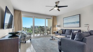 Condo, Multiple Beds, Patio, Pool View (Sterling Shores Unit 314) | Living area - Spacious 2BR Condo w/ Partial Gulf Views, Pool, Across the Street From Beach! (Destin)