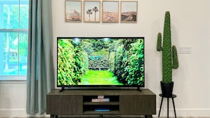 Un televisor de pantalla plana sobre un soporte de madera, un cactus cerca, una ventana con cortinas y tres cuadros en la pared.