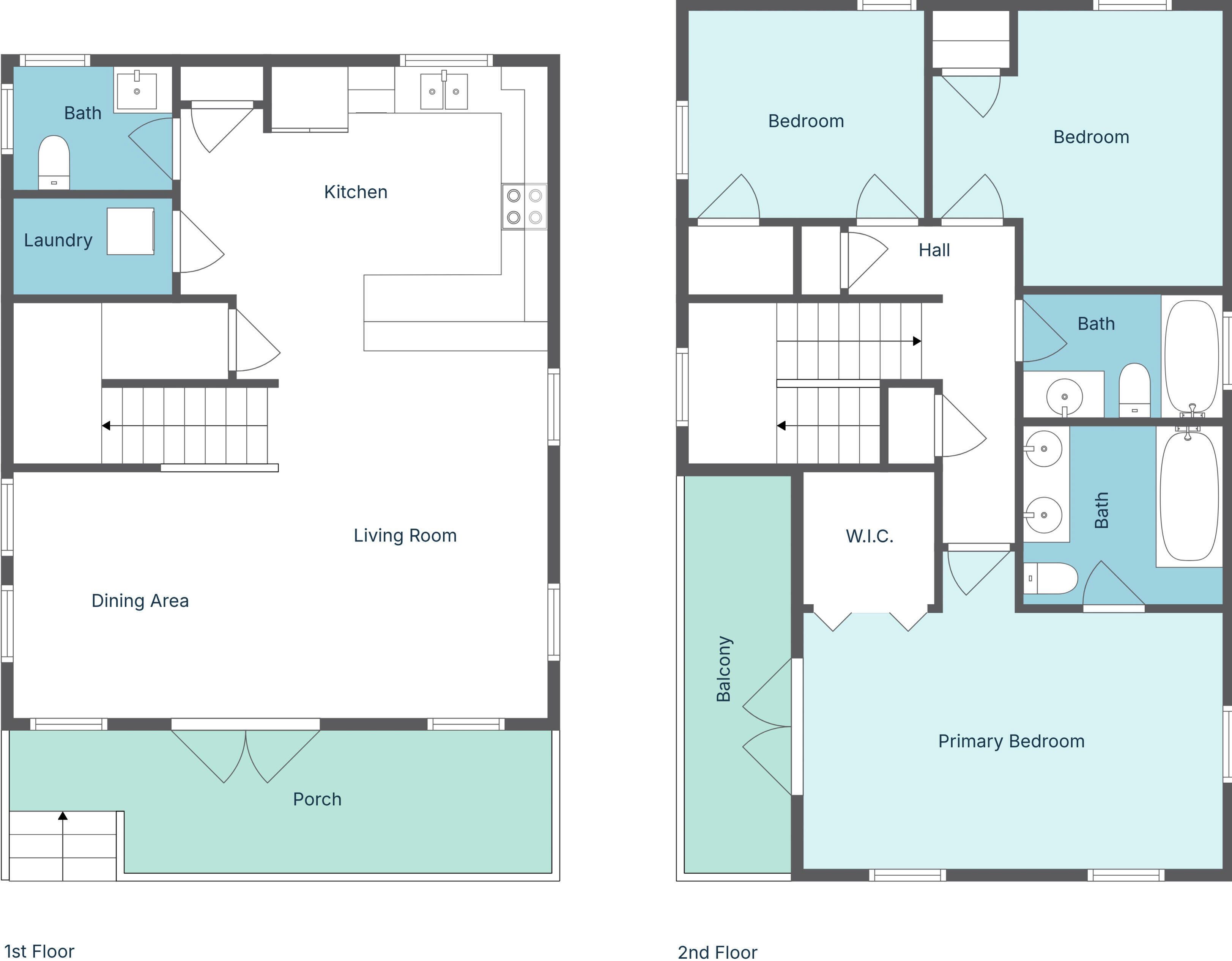A floor plan with a kitchen, dining area, living room, two bedrooms, a bathroom, a hall, and a balcony.