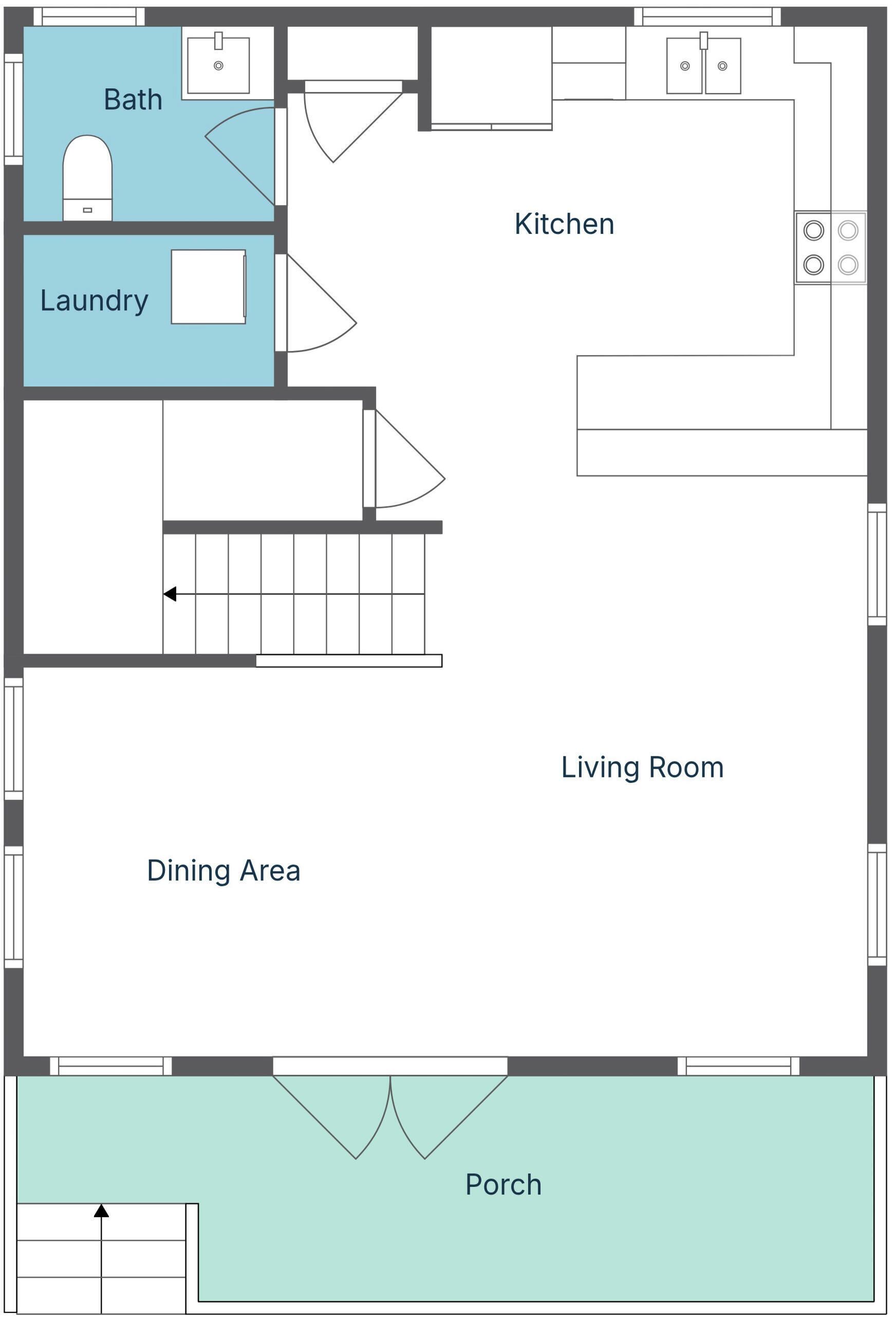Pianta degli interni con cucina, soggiorno, zona pranzo, bagno e lavanderia.