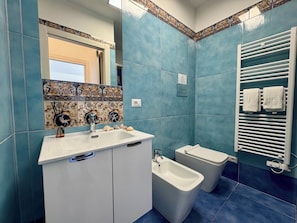 Shower, hair dryer, bidet, towels