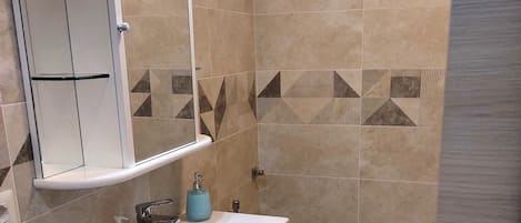 Shower, hair dryer, bidet, towels