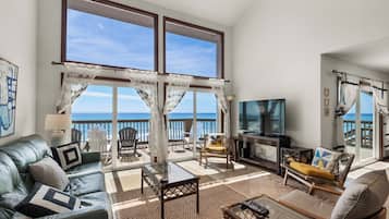 House, Multiple Beds, Patio, Ocean View (Sun 'n Surf) | Living area | Fireplace, MP3 dock