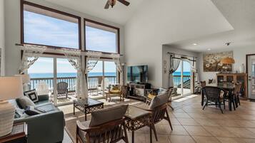 House, Multiple Beds, Patio, Ocean View (Sun 'n Surf) | Living area | Fireplace, MP3 dock