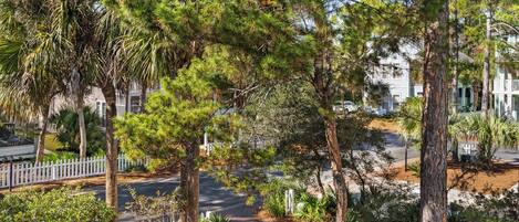 A residential area with a white picket fence, trees, and a road.