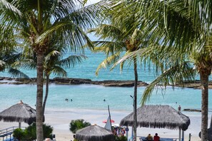 Una playa con palmeras, una cabaña con techo de paja y una vista despejada del océano.