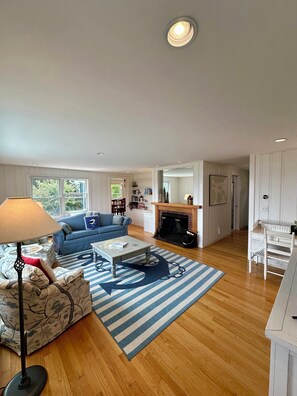 Smart TV, fireplace, books