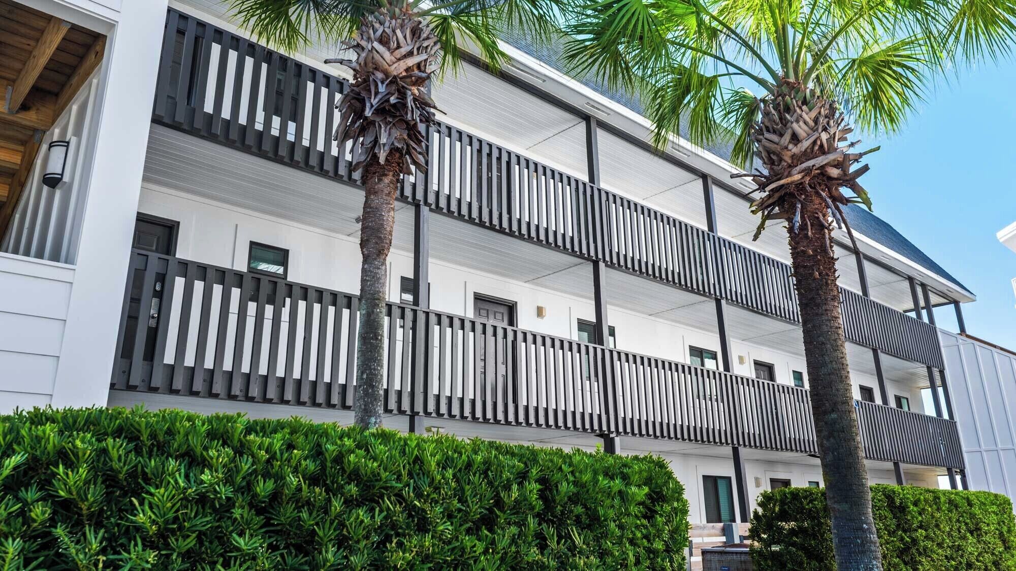 Un hôtel à plusieurs étages doté de balcons, de palmiers et d’une haie bien entretenue.