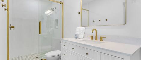 A modern bathroom with a glass-enclosed shower, a white toilet, and a vanity with a sink and mirror.