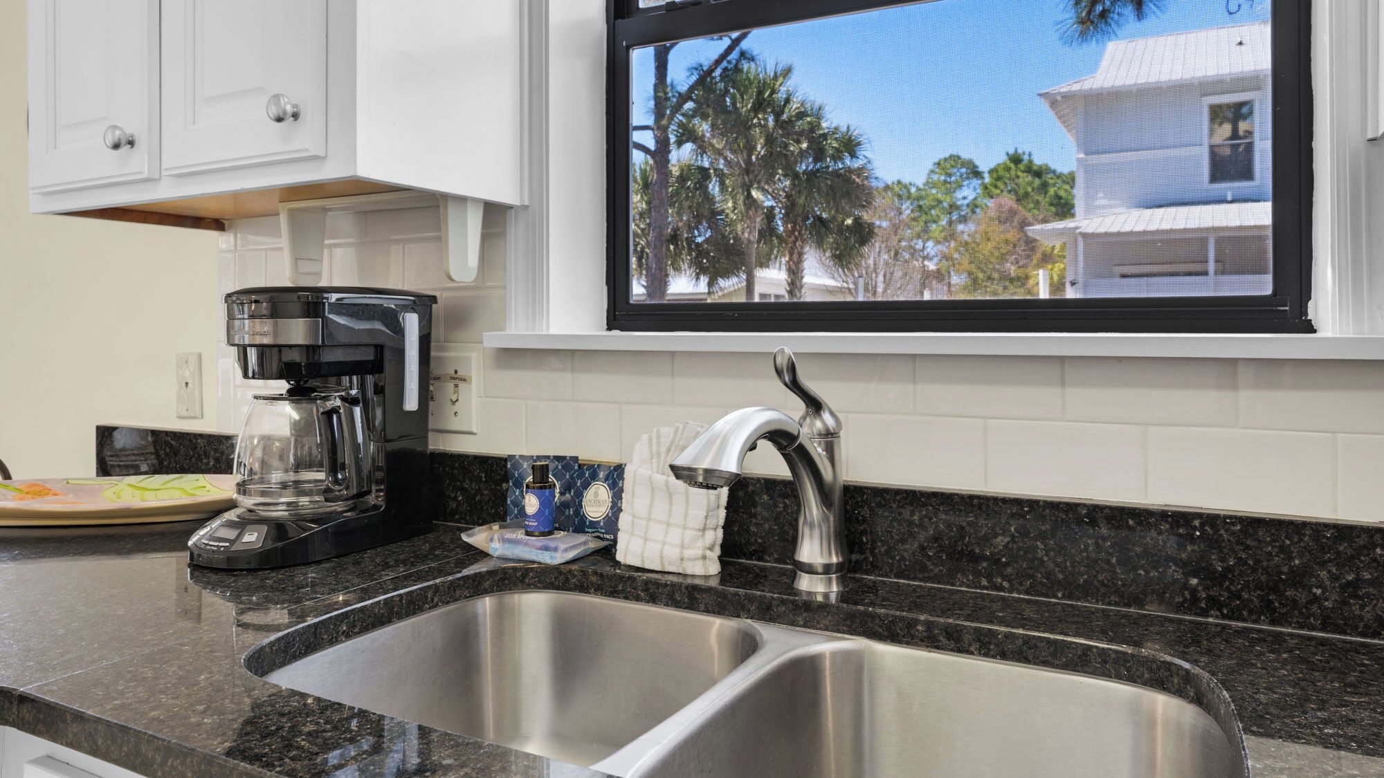 A kitchen with a double sink, a coffee maker, and a window with a view of palm trees and a building.
