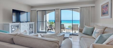 Condo, 1 King Bed with Sofa bed, Patio, Ocean View (Dune Villas 5A) | Living area | 50-inch flat-screen TV with digital channels