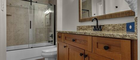 A bathroom with a shower, toilet, vanity, and mirror.