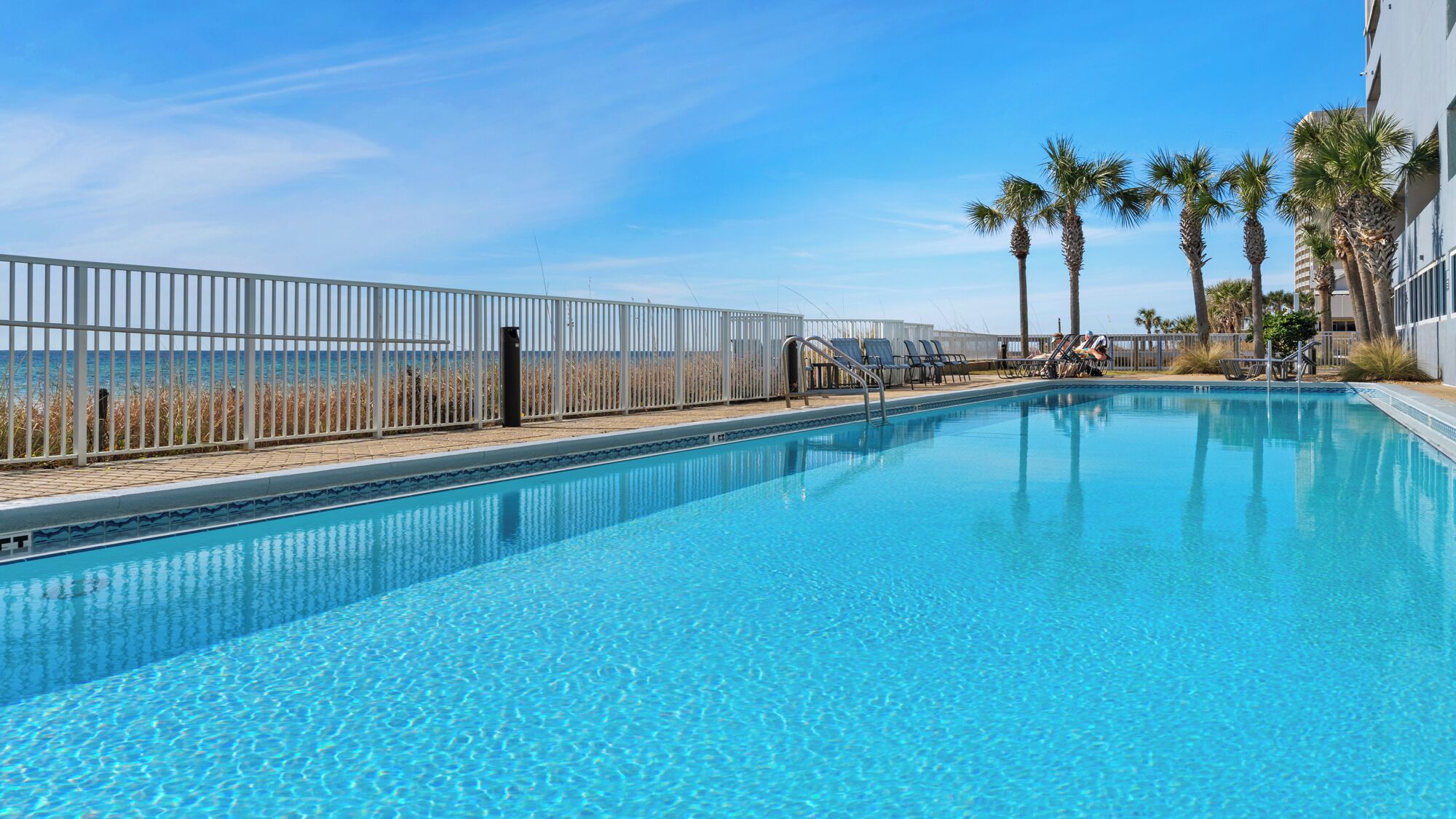 A clear blue pool with a white fence, palm trees, and a view of the ocean.