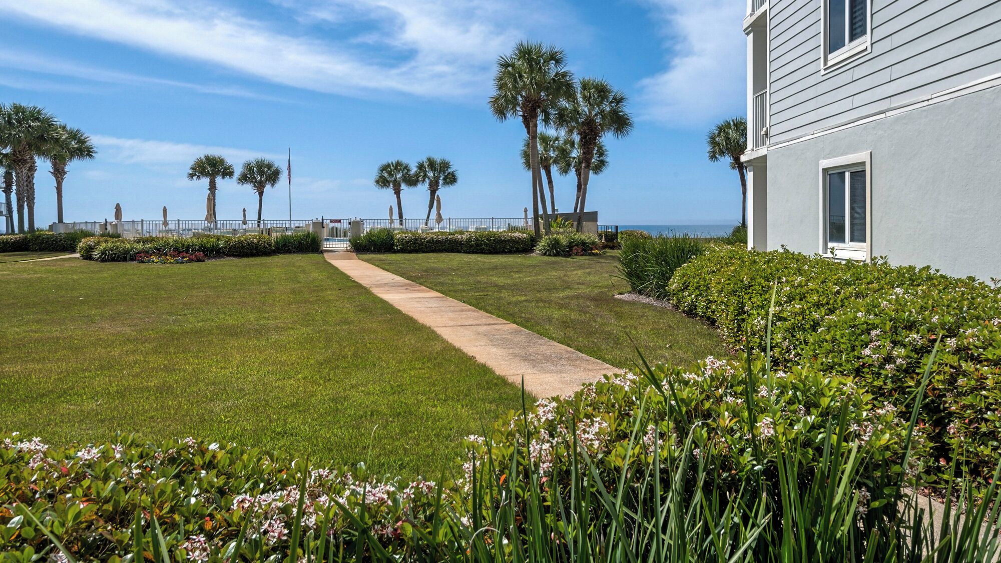 A well-maintained lawn with a concrete pathway leading to a gate, surrounded by palm trees and flowering plants.