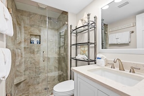 Condo, Multiple Beds, Patio, Ocean View (Sand Cliffs 415) | Bathroom | Free toiletries, hair dryer, towels, soap - Sand Cliffs (Panama City Beach)