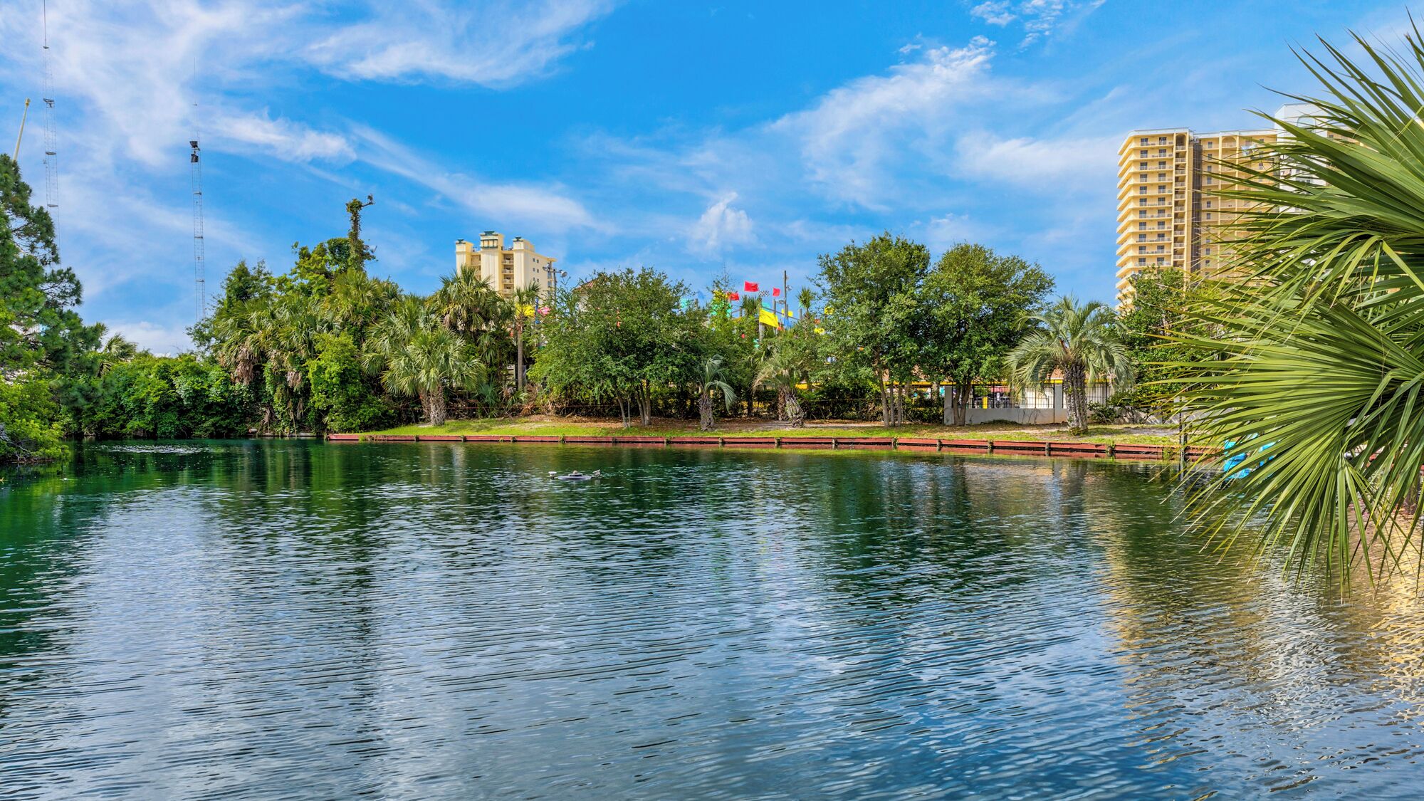 Un lago con un parque y edificios al fondo.