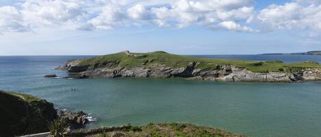 A coastal landscape with rocky cliffs, grassy areas, and a clear view of the sea.