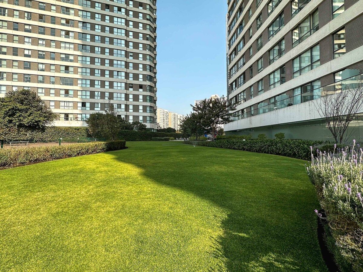 A well-maintained grassy courtyard surrounded by modern buildings with large windows.