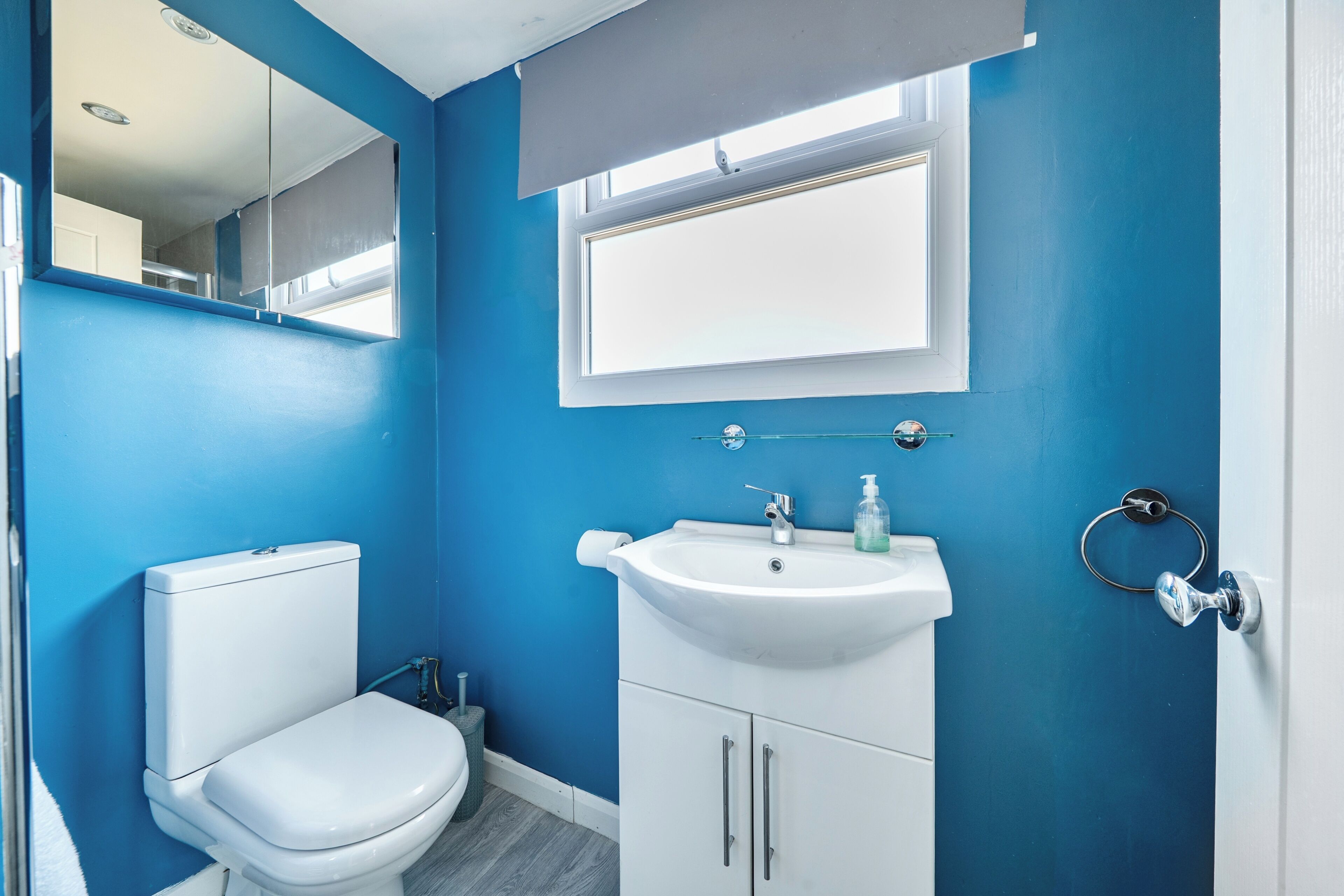 A bathroom with a toilet, sink, and mirror.