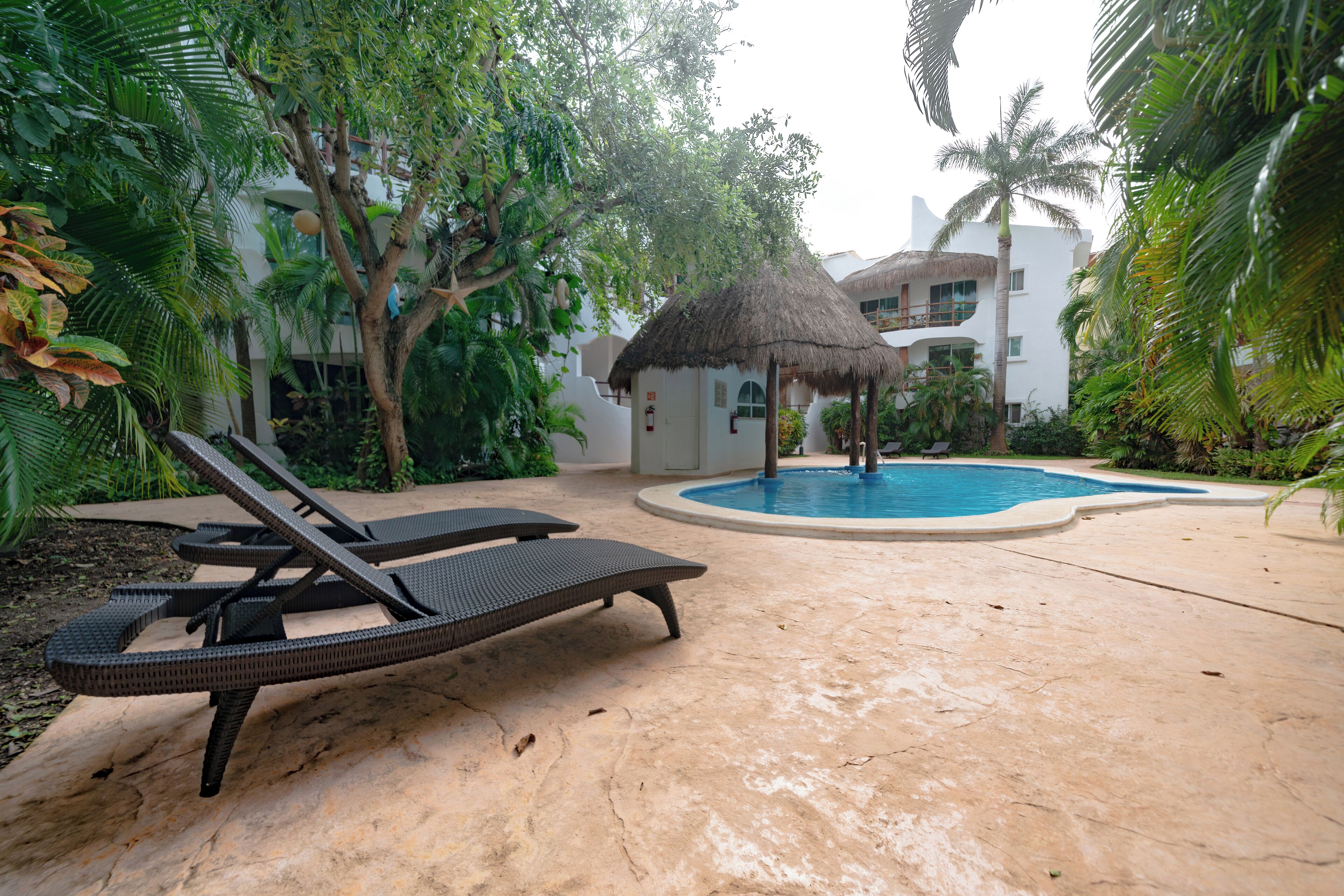 A pool area with lounge chairs, a thatched-roof structure, and surrounding greenery.