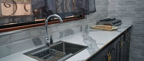 Fridge, microwave, stovetop, electric kettle