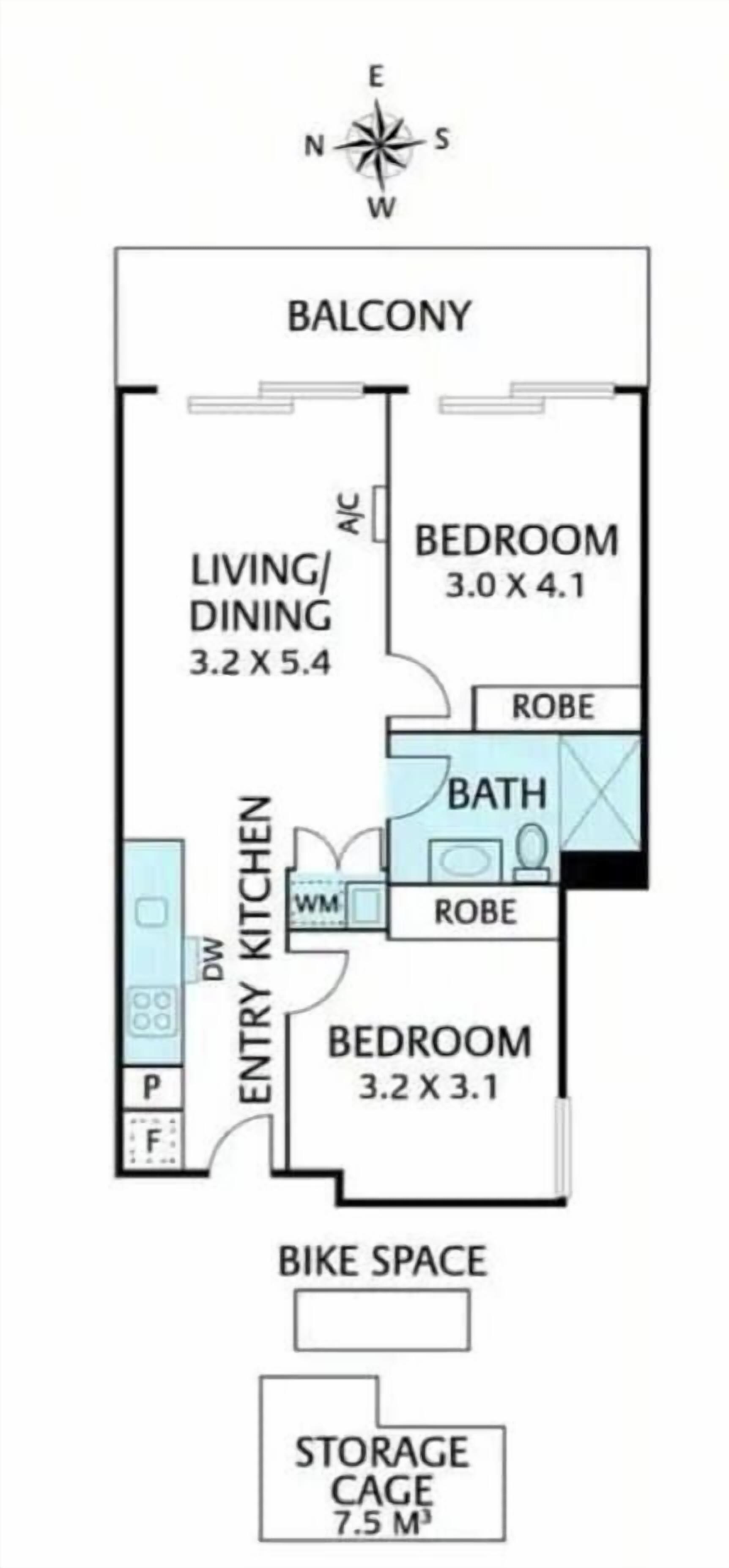Un plan d’étage comprenant un balcon, un espace de vie/salle à manger, deux chambres, une cuisine ouverte sur l’entrée, une salle de bain, un espace pour les vélos et un local de rangement.