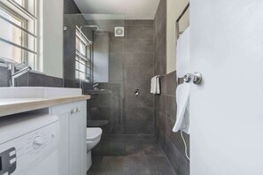 Ducha, secador de pelo, toallas, jabón