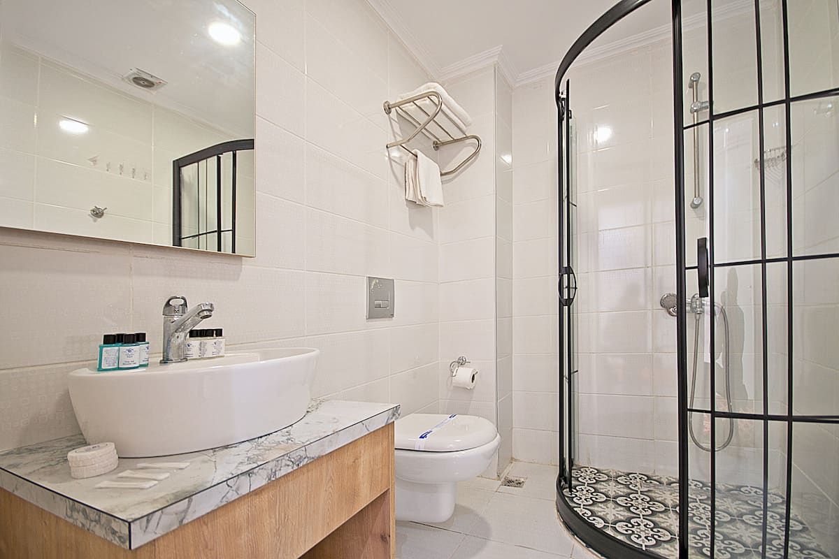 Shower, hair dryer, slippers, towels